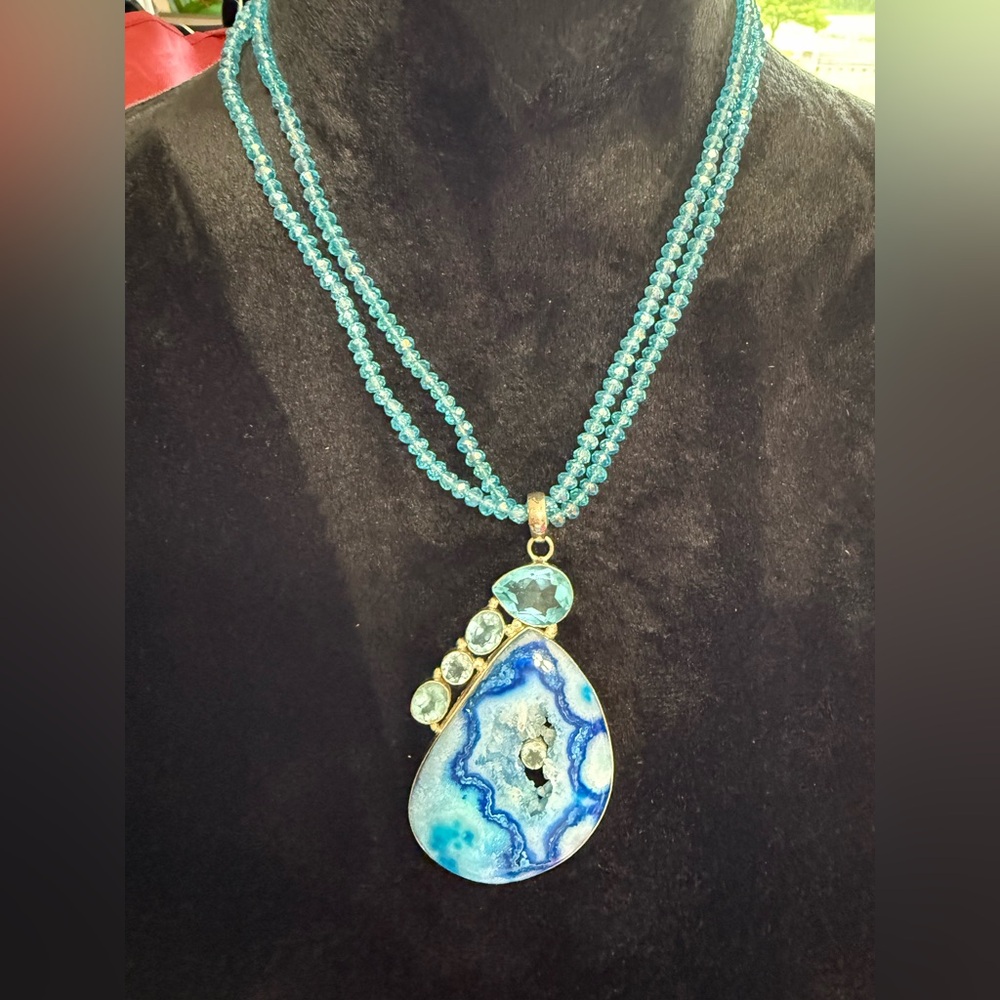 Mystic Blue Window Druzy - with topaz accents and Sterling silver. Topaz beads